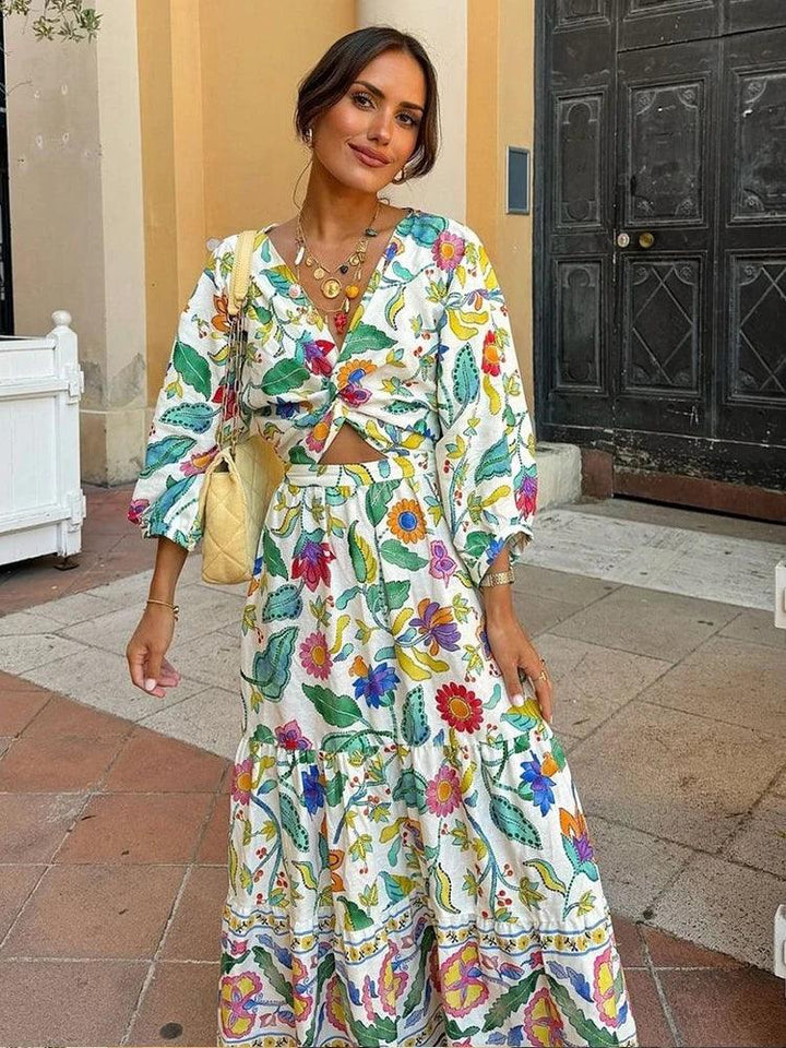 Summer Lady Printed Hollow Out Pleated Dress Chic V Neck Puff Sleeves High Waist Long Dresses Elegant Women Vacation Street Robe-THAT FASHION STORE