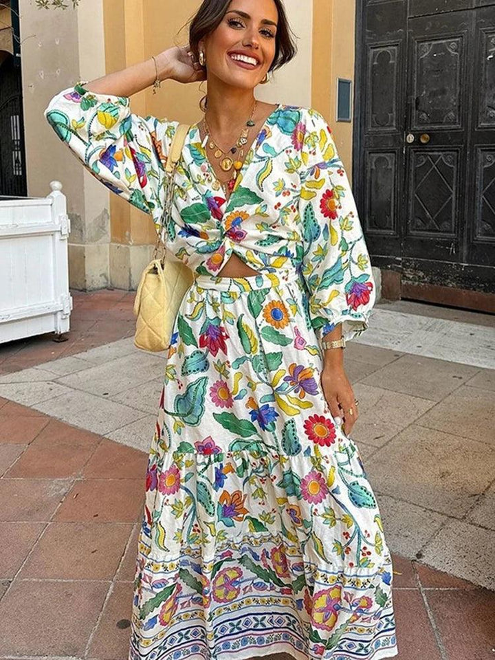 Summer Lady Printed Hollow Out Pleated Dress Chic V Neck Puff Sleeves High Waist Long Dresses Elegant Women Vacation Street Robe-THAT FASHION STORE