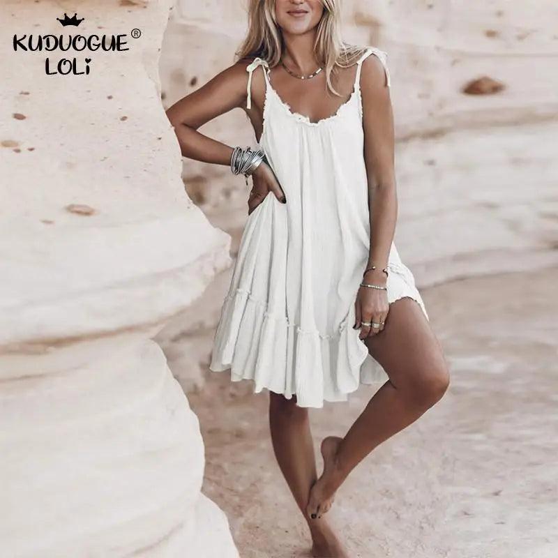 Summer Women's Backless Mini Dresses Sexy Sling Sleeveless Solid Color Casual Loose Camisole Design Elegant Party Holiday Beach-THAT FASHION STORE