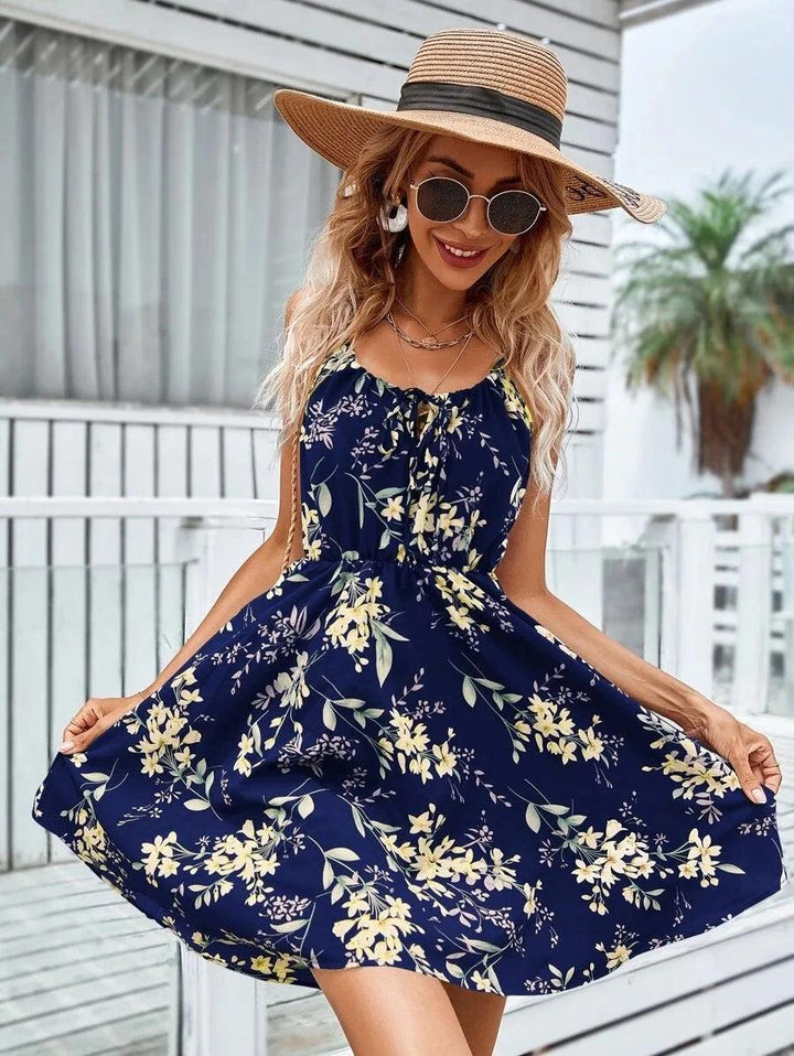 SummerElegant Women's Sleeveless Dress Pullover Print Elastic Waist Strap Short Dress Women's Round Neck Fragmented Flower Dress-THAT FASHION STORE