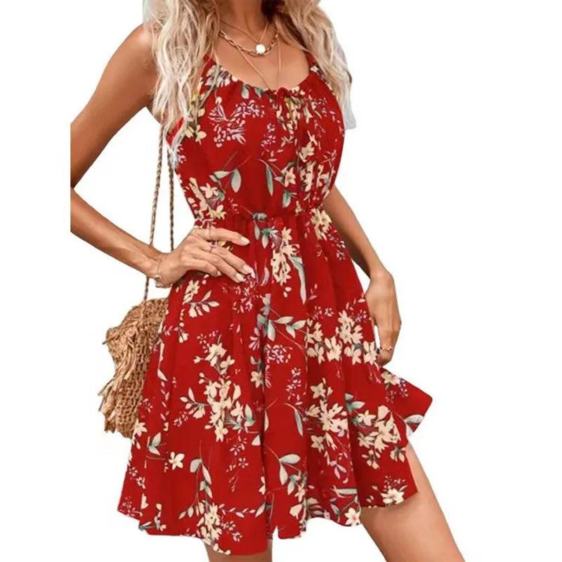 SummerElegant Women's Sleeveless Dress Pullover Print Elastic Waist Strap Short Dress Women's Round Neck Fragmented Flower Dress-THAT FASHION STORE