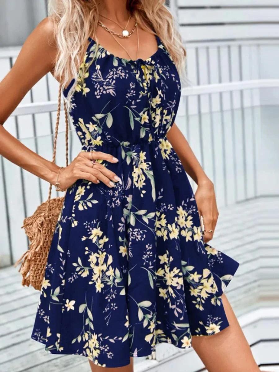 SummerElegant Women's Sleeveless Dress Pullover Print Elastic Waist Strap Short Dress Women's Round Neck Fragmented Flower Dress-THAT FASHION STORE