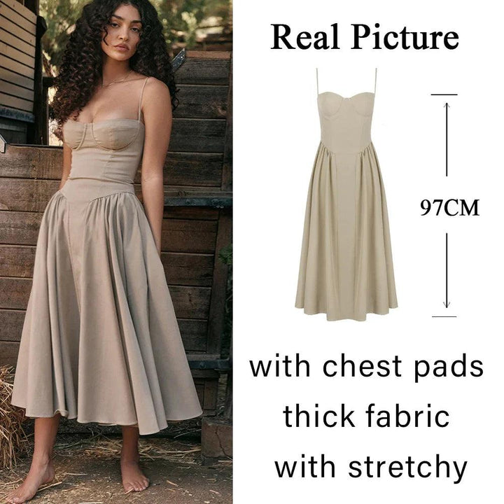 Suninheart Summer Elegant Midi Spaghetti Strap Dresses Slim V Neck A Line Party Dress Khaki Casual Dress Women's Clothing-THAT FASHION STORE