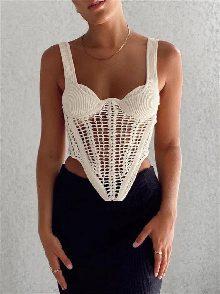 TARUXY Fishbone Waist Crocheted Knitted Crop Tops Women Vest Tee 2024 Summer Sexy Sleeveless Hollow Out Y2K Tops Corset Top-THAT FASHION STORE