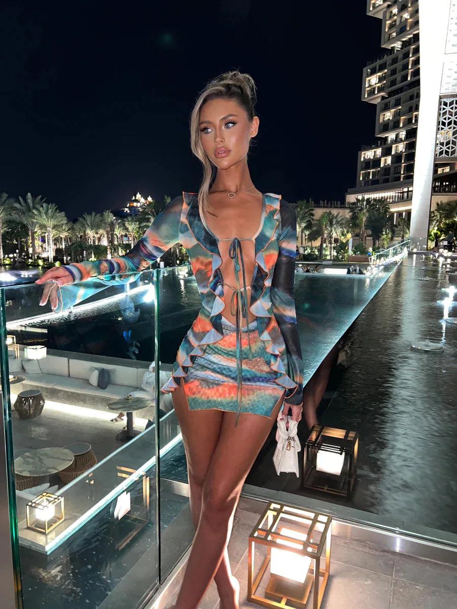 Tie Dye Print Ruffles Bodycon Mini Dress Women Sexy Deep V Neck Lace Up Long Sleeve Split Club Party Dresses Summer Beach Robe-THAT FASHION STORE