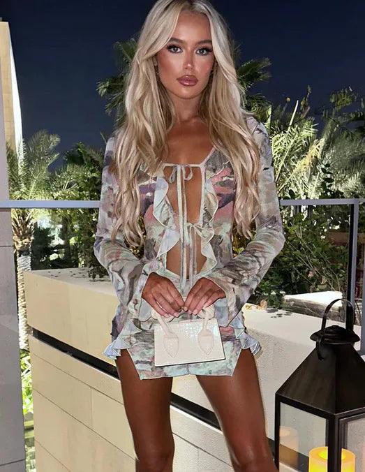 Tie Dye Print Ruffles Bodycon Mini Dress Women Sexy Deep V Neck Lace Up Long Sleeve Split Club Party Dresses Summer Beach Robe-THAT FASHION STORE