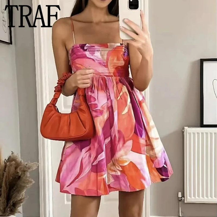 TRAF 2023 Pleated Slip Mini Dress Woman Print Summer Beach Dress Women Backless Sexy Short Dresses Ruched Holiday Party Dresses-THAT FASHION STORE