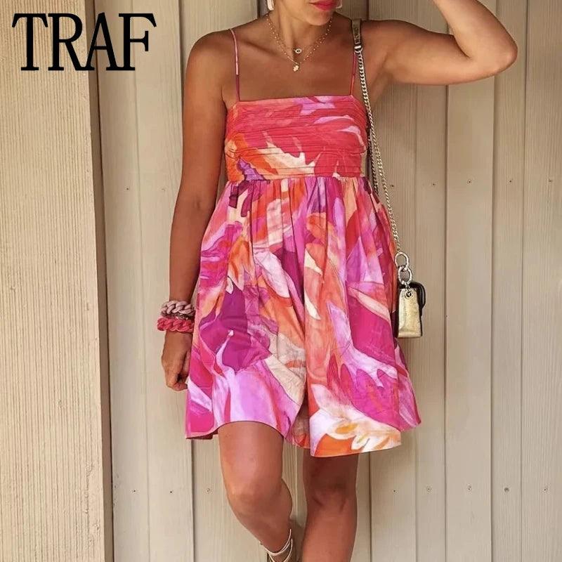 TRAF 2023 Pleated Slip Mini Dress Woman Print Summer Beach Dress Women Backless Sexy Short Dresses Ruched Holiday Party Dresses-THAT FASHION STORE