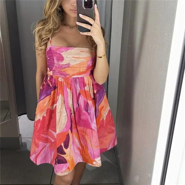 TRAF 2023 Pleated Slip Mini Dress Woman Print Summer Beach Dress Women Backless Sexy Short Dresses Ruched Holiday Party Dresses-THAT FASHION STORE