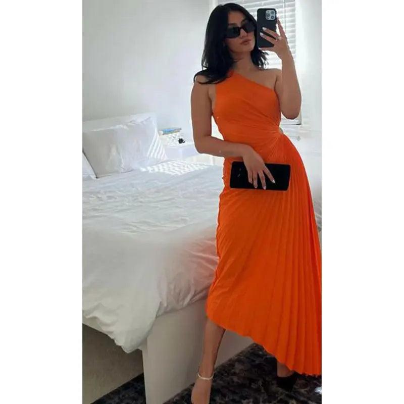 TRAFZA Fashion Elegant Female One Shoulder Ruffled Slim Long Dress Women Summer Sexy Waist Hollow Out Backless Sleeveless Dress-THAT FASHION STORE