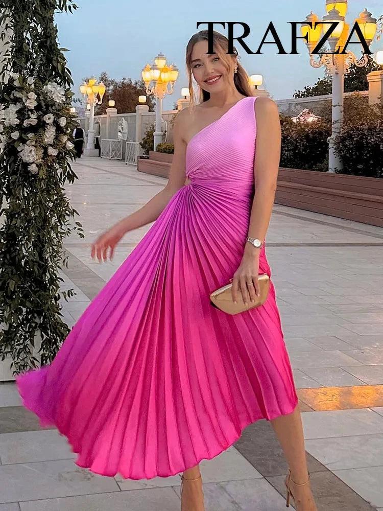 TRAFZA Fashion Elegant Female One Shoulder Ruffled Slim Long Dress Women Summer Sexy Waist Hollow Out Backless Sleeveless Dress-THAT FASHION STORE