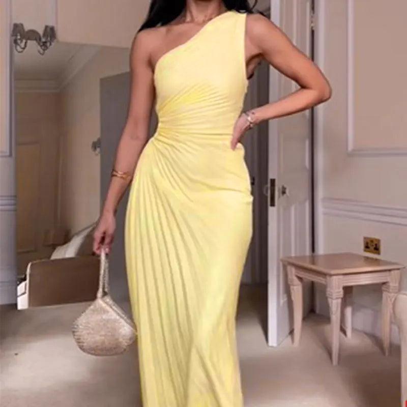 TRAFZA Fashion Elegant Female One Shoulder Ruffled Slim Long Dress Women Summer Sexy Waist Hollow Out Backless Sleeveless Dress-THAT FASHION STORE