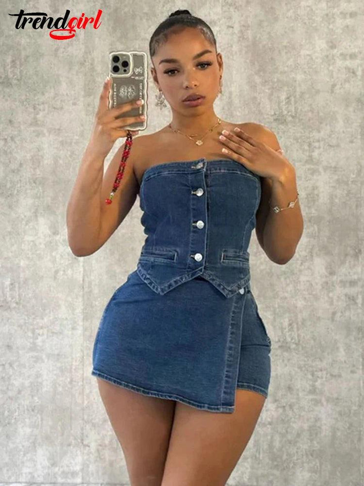 Trendgirl Summer Sexy Shorts Skirts Jean 2 Two Pieces Sets Women Club Outfit Strapless Elastic Crop Tops Denim Stretch Blue Suit-THAT FASHION STORE