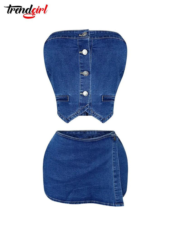 Trendgirl Summer Sexy Shorts Skirts Jean 2 Two Pieces Sets Women Club Outfit Strapless Elastic Crop Tops Denim Stretch Blue Suit-THAT FASHION STORE