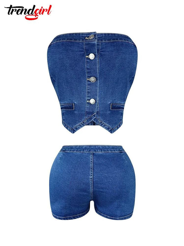 Trendgirl Summer Sexy Shorts Skirts Jean 2 Two Pieces Sets Women Club Outfit Strapless Elastic Crop Tops Denim Stretch Blue Suit-THAT FASHION STORE