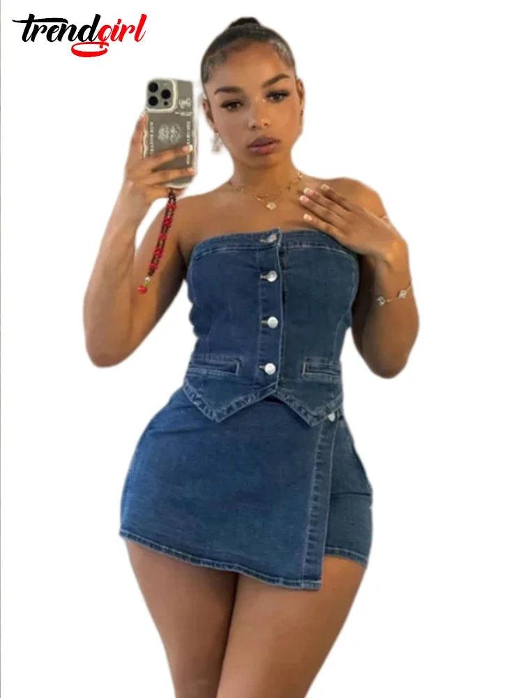 Trendgirl Summer Sexy Shorts Skirts Jean 2 Two Pieces Sets Women Club Outfit Strapless Elastic Crop Tops Denim Stretch Blue Suit-THAT FASHION STORE