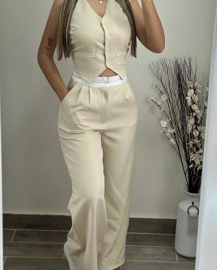 Two Piece Set Women Outfit 2024 Summer V-Neck Sleeveless Buttoned Vest Top & Casual Pocket Design Daily Straight Leg Pants Set-THAT FASHION STORE