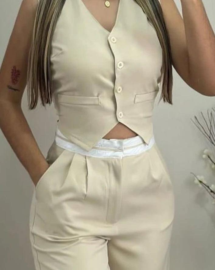 Two Piece Set Women Outfit 2024 Summer V-Neck Sleeveless Buttoned Vest Top & Casual Pocket Design Daily Straight Leg Pants Set-THAT FASHION STORE