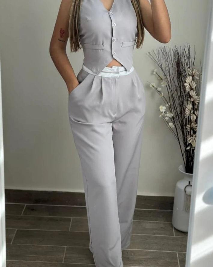 Two Piece Set Women Outfit 2024 Summer V-Neck Sleeveless Buttoned Vest Top & Casual Pocket Design Daily Straight Leg Pants Set-THAT FASHION STORE