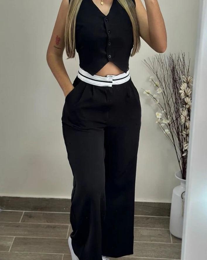 Two Piece Set Women Outfit 2024 Summer V-Neck Sleeveless Buttoned Vest Top & Casual Pocket Design Daily Straight Leg Pants Set-THAT FASHION STORE