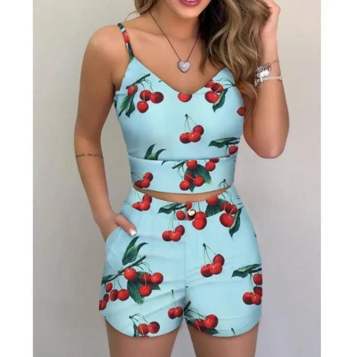 Two Pieces Suit Women's 2022 Summer Holiday Sleeveless Floral Print Top Pants Set Loungewear Shorts Casual Outfits With Belt-THAT FASHION STORE