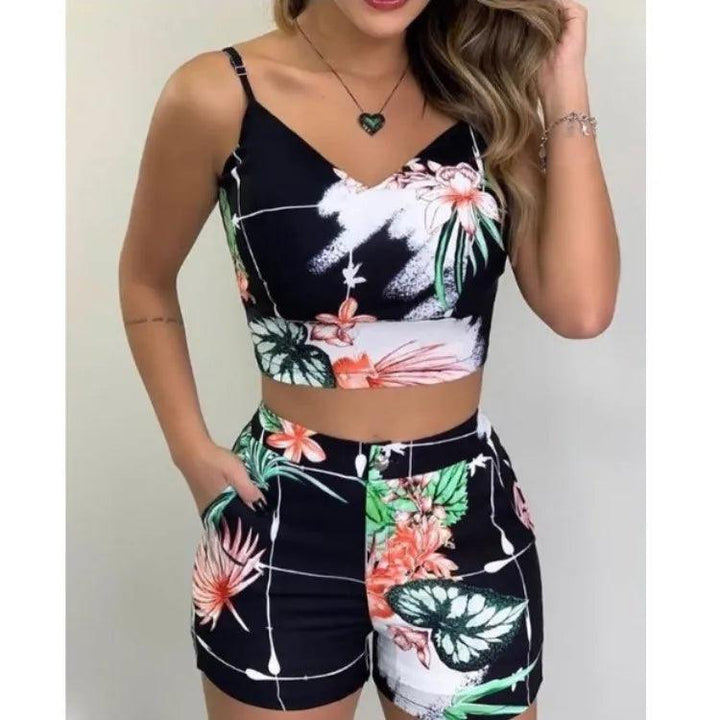 Two Pieces Suit Women's 2022 Summer Holiday Sleeveless Floral Print Top Pants Set Loungewear Shorts Casual Outfits With Belt-THAT FASHION STORE