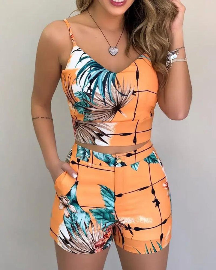 Two Pieces Suit Women's 2022 Summer Holiday Sleeveless Floral Print Top Pants Set Loungewear Shorts Casual Outfits With Belt-THAT FASHION STORE