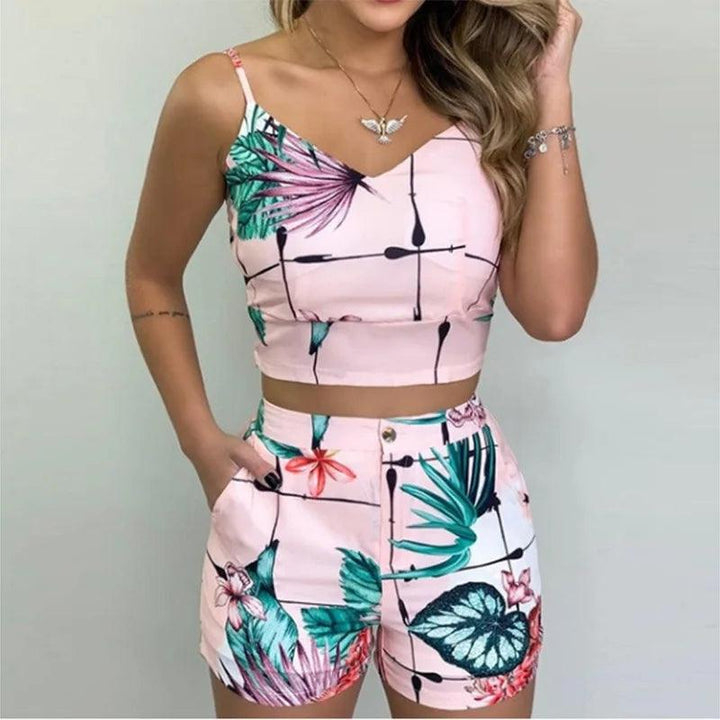 Two Pieces Suit Women's 2022 Summer Holiday Sleeveless Floral Print Top Pants Set Loungewear Shorts Casual Outfits With Belt-THAT FASHION STORE