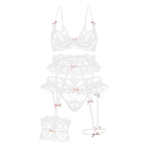 Ultra Thin Bra and Panty with Garter Belt 3pcs Lingerie Set Perspective Lace Women's Underwear Pajamas Applique Intimates-THAT FASHION STORE