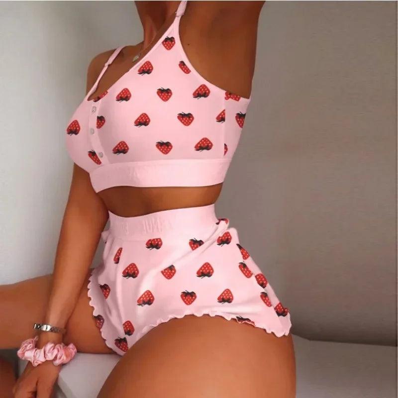 Underwear Set Women Sexy Soft Tank Crop Top Bra Set Cute Strawberry Print Bra Set Lace Seamless Bralette Pajamas Lingerie-THAT FASHION STORE