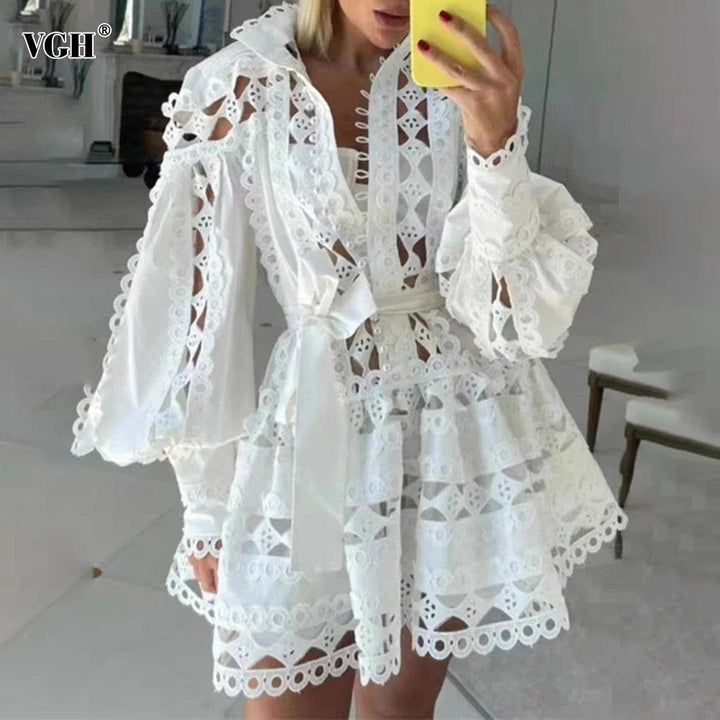 VGH Solid Hollow Out Patchwork Lace Dresses For Women Lapel Lantern Sleeve High Waist Spliced Single Breasted Dress Female New-THAT FASHION STORE