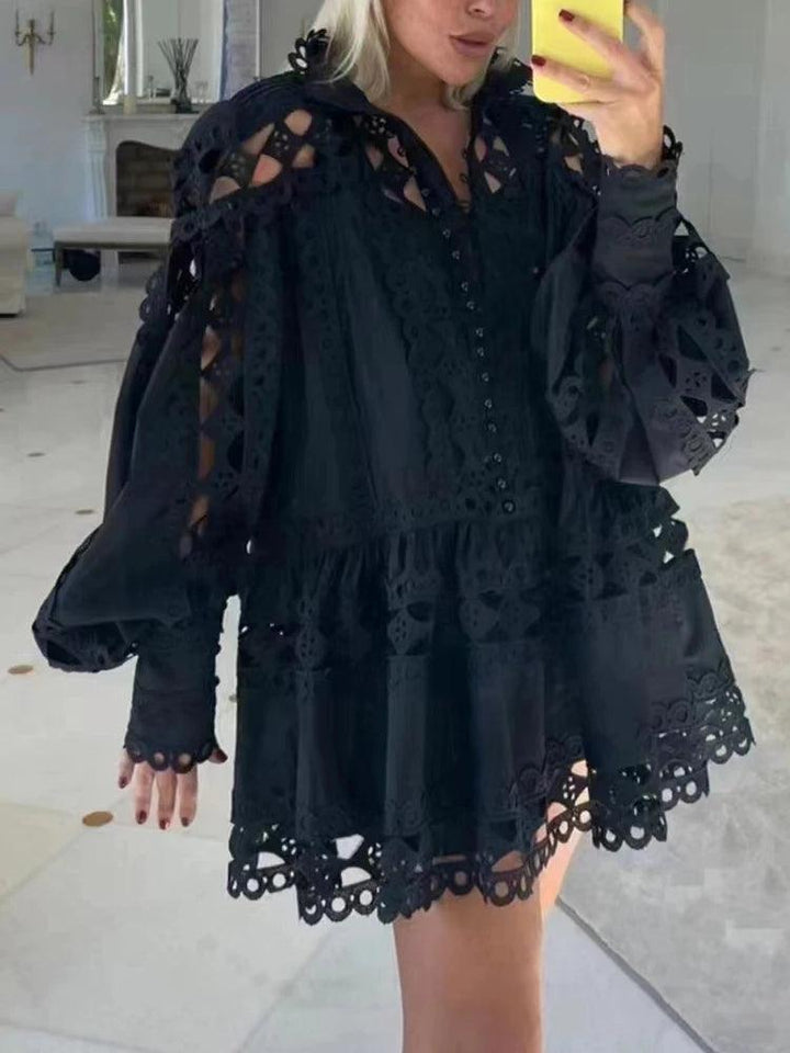 VGH Solid Hollow Out Patchwork Lace Dresses For Women Lapel Lantern Sleeve High Waist Spliced Single Breasted Dress Female New-THAT FASHION STORE