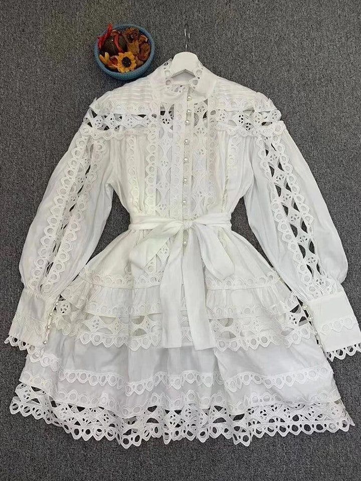 VGH Solid Hollow Out Patchwork Lace Dresses For Women Lapel Lantern Sleeve High Waist Spliced Single Breasted Dress Female New-THAT FASHION STORE