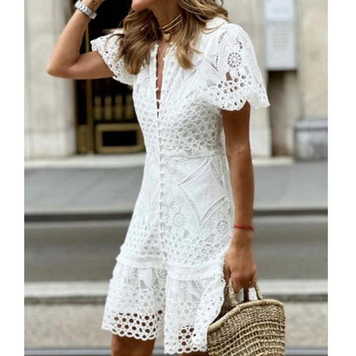 Wepbel Dress Women Lace Slim Fits Solid Mini Package Hip Short Sleeve Bodycon Dress V-neck Summer French Style Sheath Dress-THAT FASHION STORE