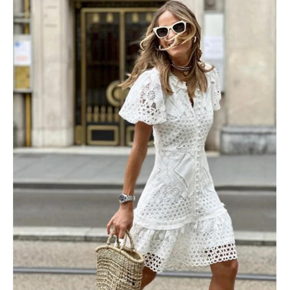 Wepbel Dress Women Lace Slim Fits Solid Mini Package Hip Short Sleeve Bodycon Dress V-neck Summer French Style Sheath Dress-THAT FASHION STORE