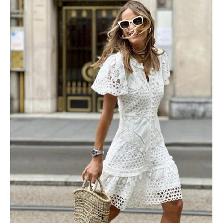 Wepbel Dress Women Lace Slim Fits Solid Mini Package Hip Short Sleeve Bodycon Dress V-neck Summer French Style Sheath Dress-THAT FASHION STORE