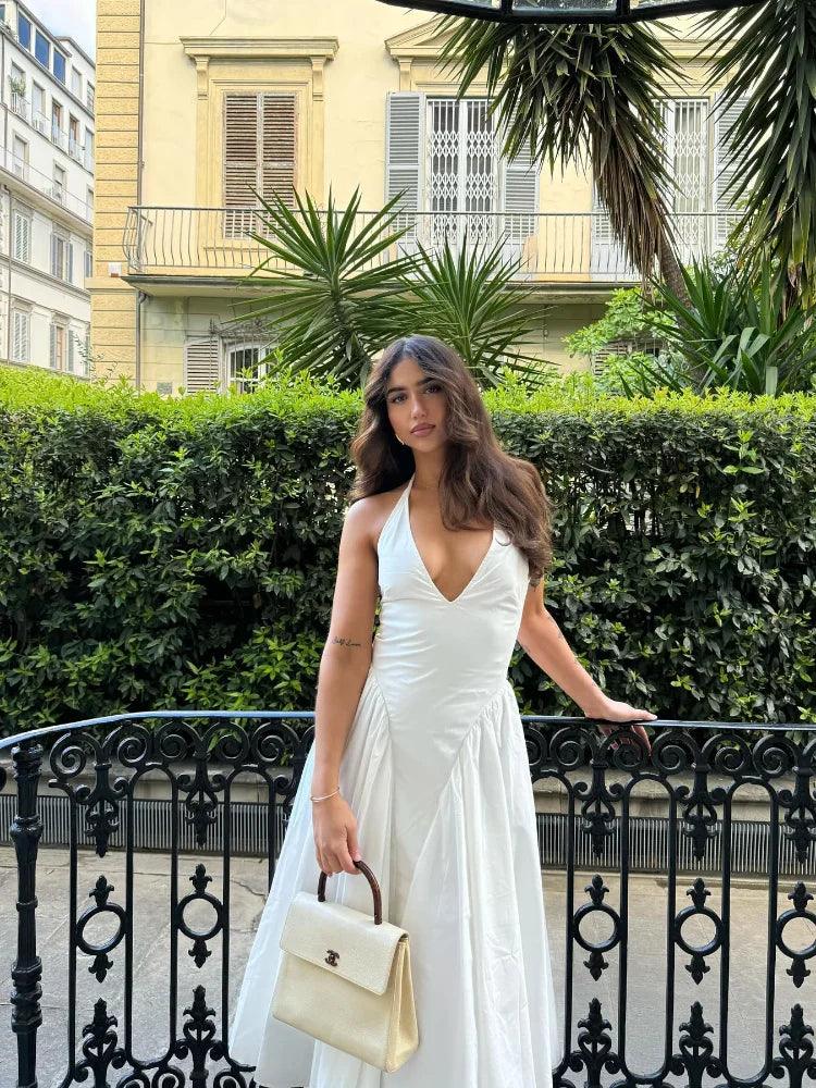 White Deep V Neck Spliced Pleated Dress Women Elegant Sleeveless Large Hem Halter Dresses 2024 Summer Fashion Female Party Robes-THAT FASHION STORE