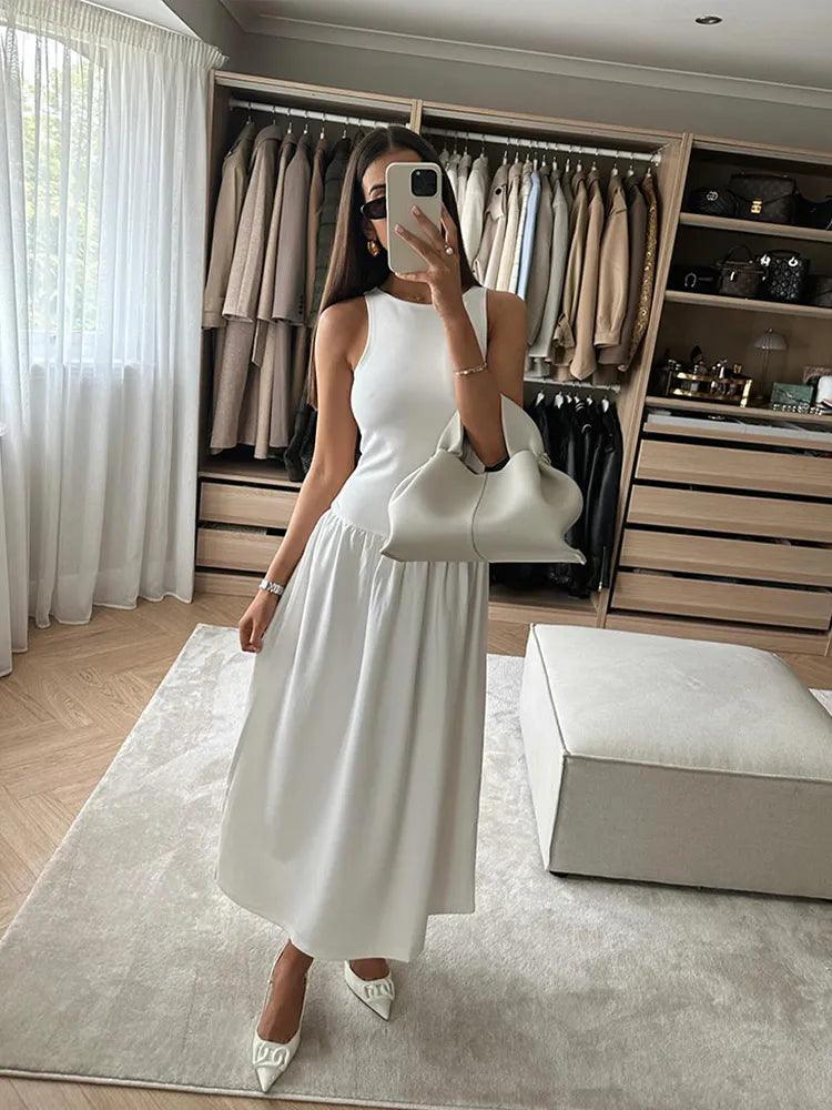 White Deep V Neck Spliced Pleated Dress Women Elegant Sleeveless Large Hem Halter Dresses 2024 Summer Fashion Female Party Robes-THAT FASHION STORE