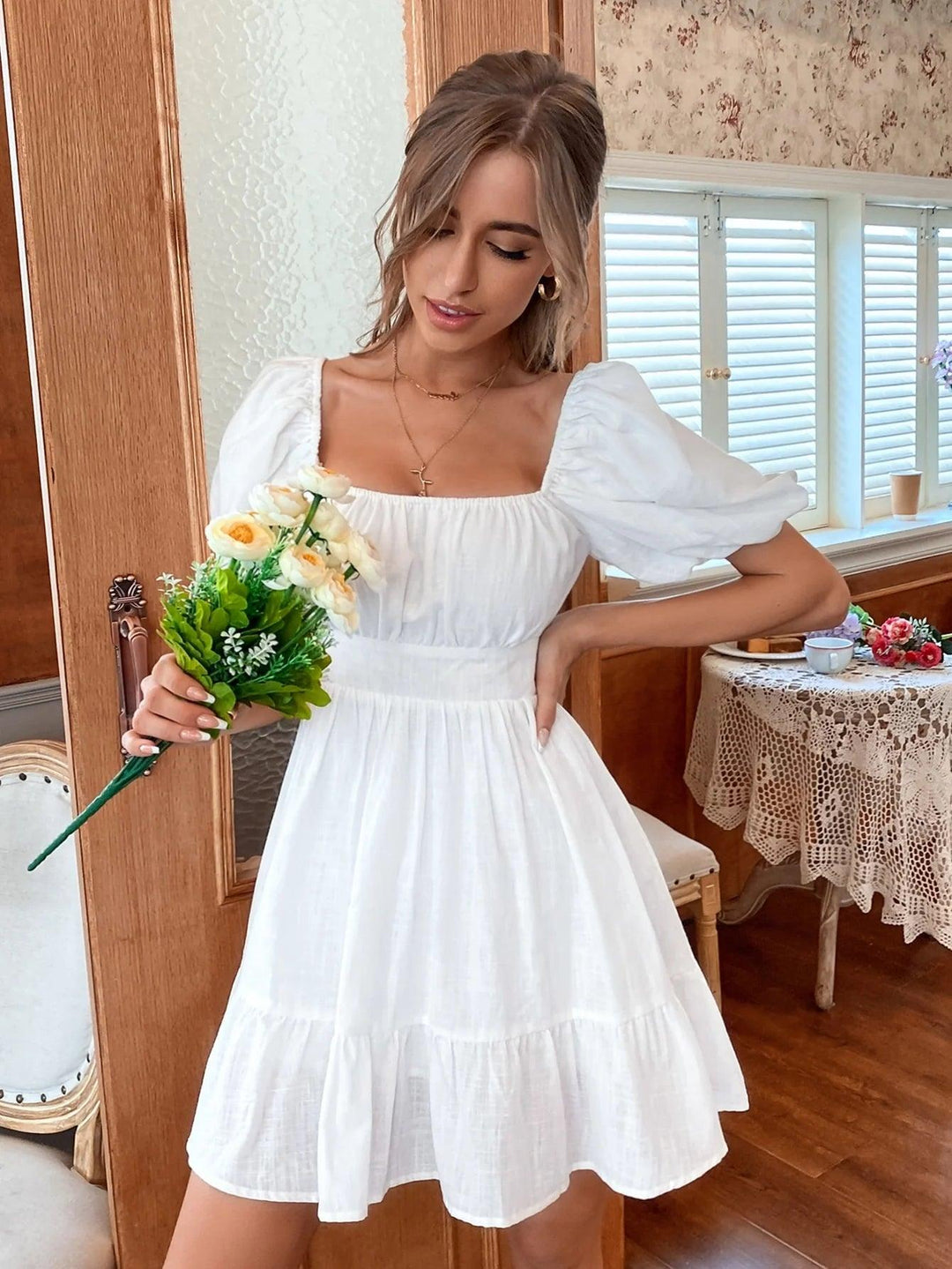 White Summer Dress Backless Lace Up Ruffles Ruched Solid Tie Back Flounce Dress Puff Sleeve Elegant Dress-THAT FASHION STORE