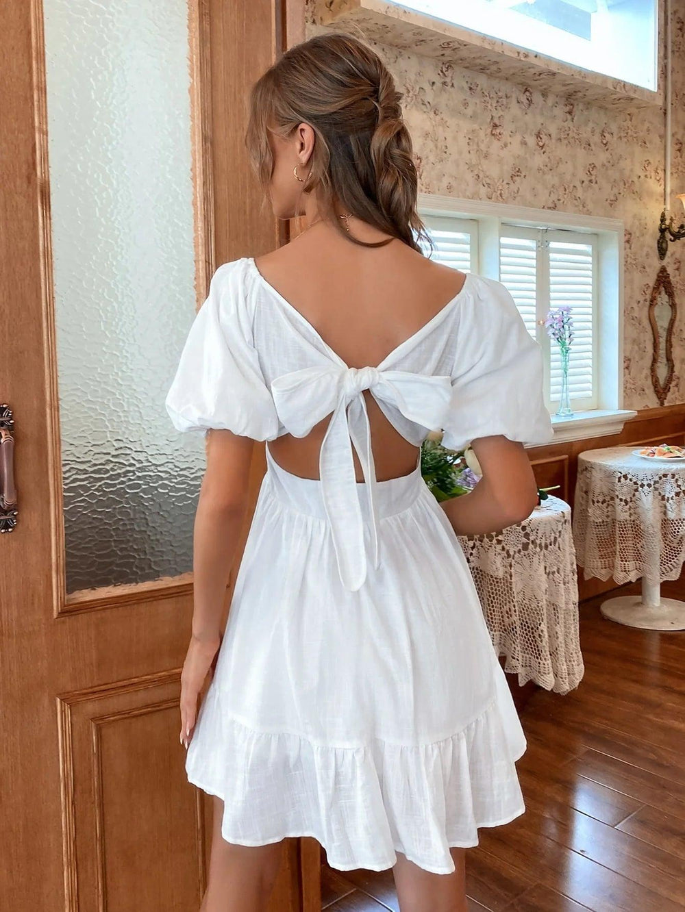 White Summer Dress Backless Lace Up Ruffles Ruched Solid Tie Back Flounce Dress Puff Sleeve Elegant Dress-THAT FASHION STORE