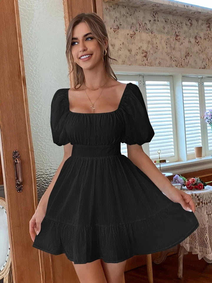 White Summer Dress Backless Lace Up Ruffles Ruched Solid Tie Back Flounce Dress Puff Sleeve Elegant Dress-THAT FASHION STORE