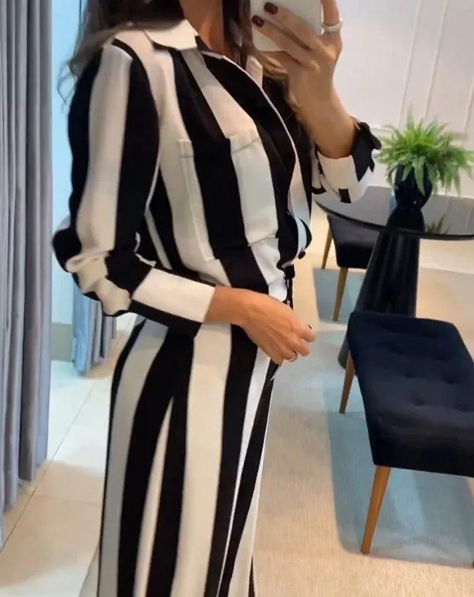 Wide Leg Pnats Two Piece Set Women 2023 Casual Fashion Striped Pocket Design Shirt and Trousers Streetwear Female Suit Autumn-THAT FASHION STORE