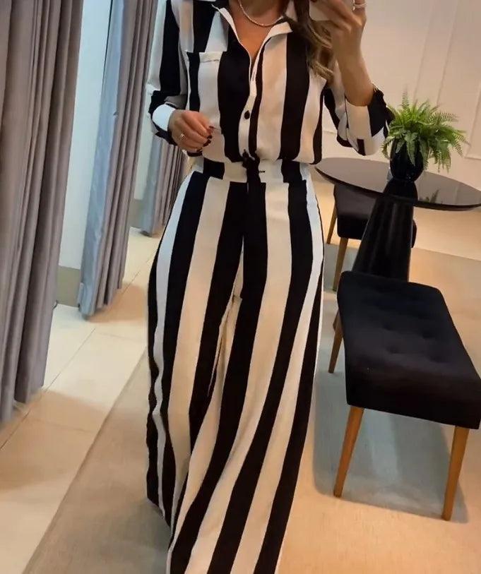 Wide Leg Pnats Two Piece Set Women 2023 Casual Fashion Striped Pocket Design Shirt and Trousers Streetwear Female Suit Autumn-THAT FASHION STORE