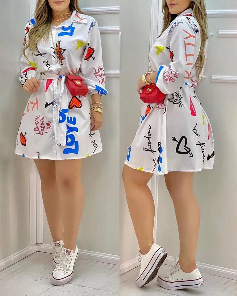 Women Casual Shirt Single-breasted Long Sleeves Letter Print Mini Dress-THAT FASHION STORE