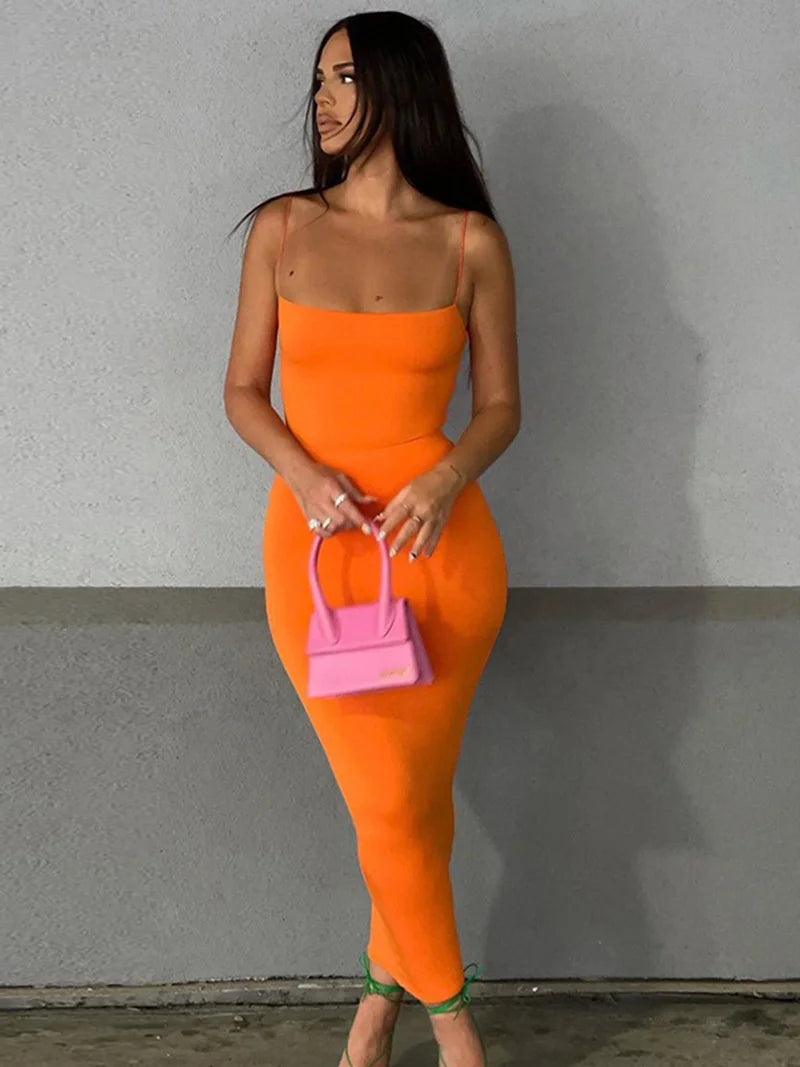 Women Casual Summer Spaghetti Strap Bodycon Dress Fashion Solid Color Sleeveless Backless Slim Fit Sling Long Dress-THAT FASHION STORE