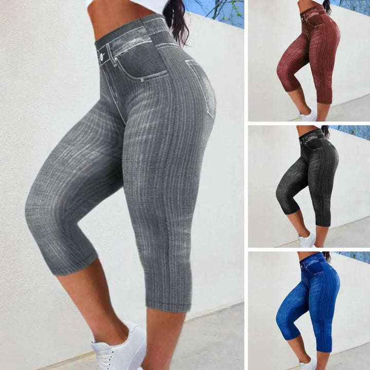 Women Cropped Pants Stretch Fitness Fake Pockets High Waist Butt-lifted Faux Denim Jeans Soft Casual Thin Pencil Pants-THAT FASHION STORE