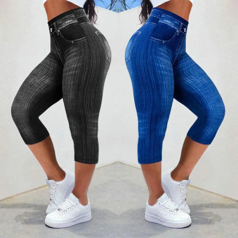 Women Cropped Pants Stretch Fitness Fake Pockets High Waist Butt-lifted Faux Denim Jeans Soft Casual Thin Pencil Pants-THAT FASHION STORE