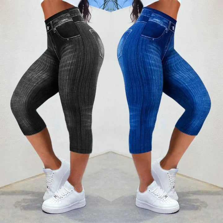 Women Cropped Pants Stretch Fitness Fake Pockets High Waist Butt-lifted Faux Denim Jeans Soft Casual Thin Pencil Pants-THAT FASHION STORE