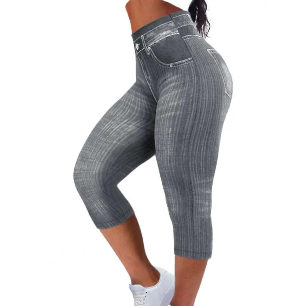 Women Cropped Pants Stretch Fitness Fake Pockets High Waist Butt-lifted Faux Denim Jeans Soft Casual Thin Pencil Pants-THAT FASHION STORE