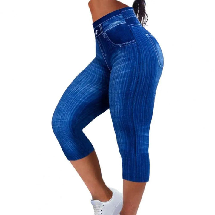 Women Cropped Pants Stretch Fitness Fake Pockets High Waist Butt-lifted Faux Denim Jeans Soft Casual Thin Pencil Pants-THAT FASHION STORE